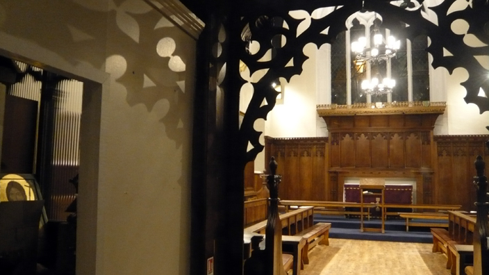 Interior view of Hatfield College Chapel, looking towards the altar. 